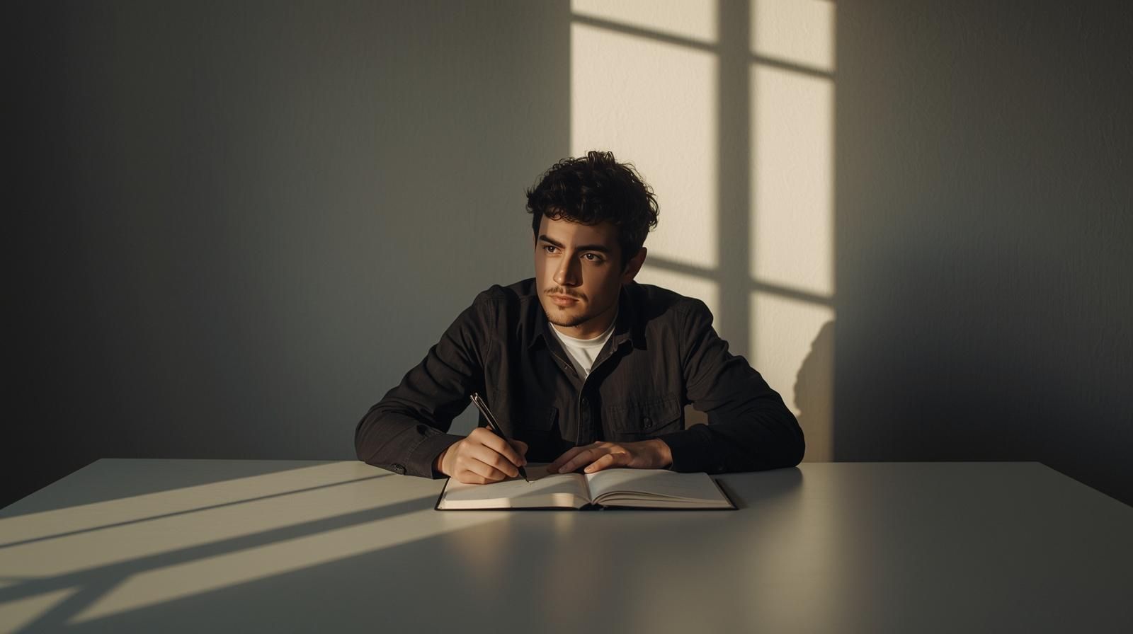 Persona escribiendo en una libreta en un entorno tranquilo, simbolizando claridad emocional.