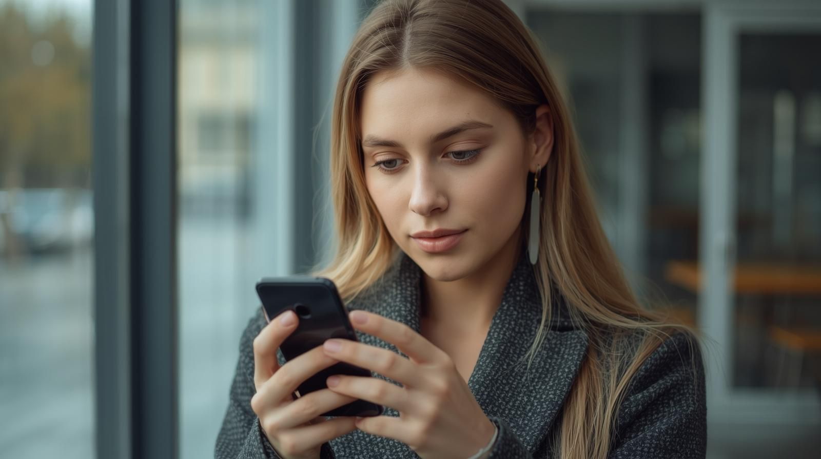 Persona mirando su móvil con expresión reflexiva, simbolizando la interpretación de señales en una relación.