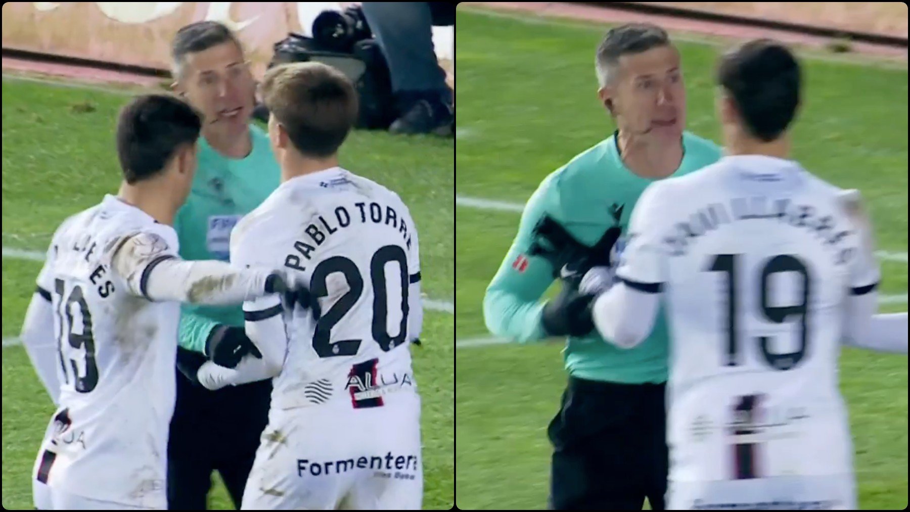 Los jugadores del Mallorca tienen que retener a Soto Grado para que no se lance contra Morlanes