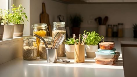 Productos para la cocina elaborados con diferentes materiales, como vidrio, madera y plástico. Generado por IA.