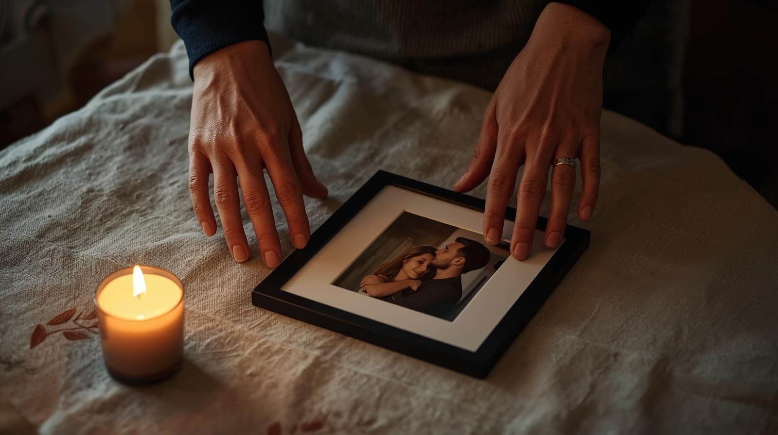 Manos colocando una vela y una fotografía sobre una mesa, representando un amarre de amor casero desde un enfoque simbólico