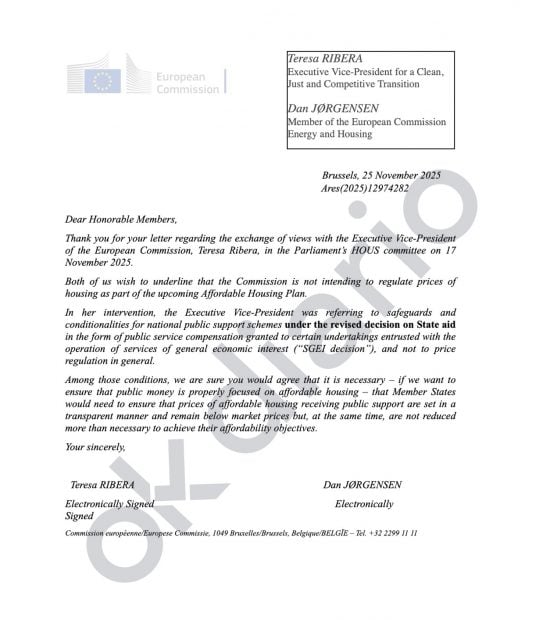 Carta de Teresa Ribera donde Bruselas rechaza intervenir los precios del alquiler.