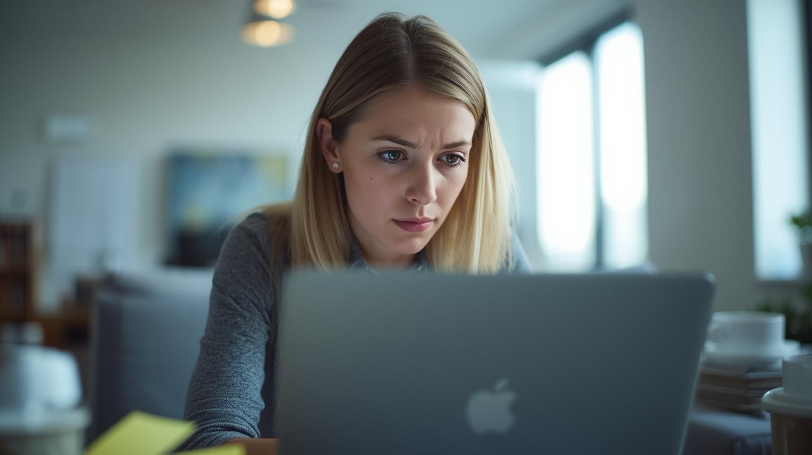 Persona leyendo información en un portátil con expresión reflexiva, simbolizando la búsqueda de qué significa hacer un amarre de amor
