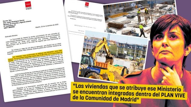 Sánchez pone carteles del Gobierno en viviendas que ha construido la Comunidad de Madrid