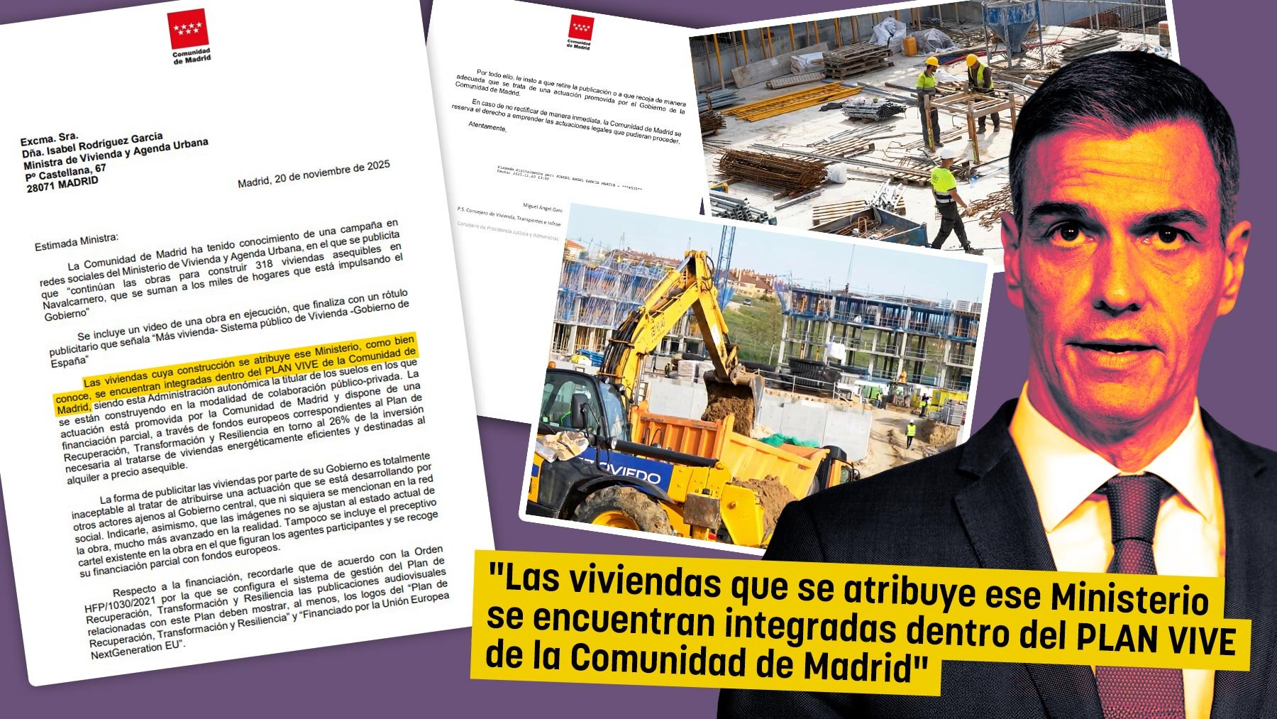 Sánchez pone carteles del Gobierno en viviendas que ha construido la Comunidad de Madrid