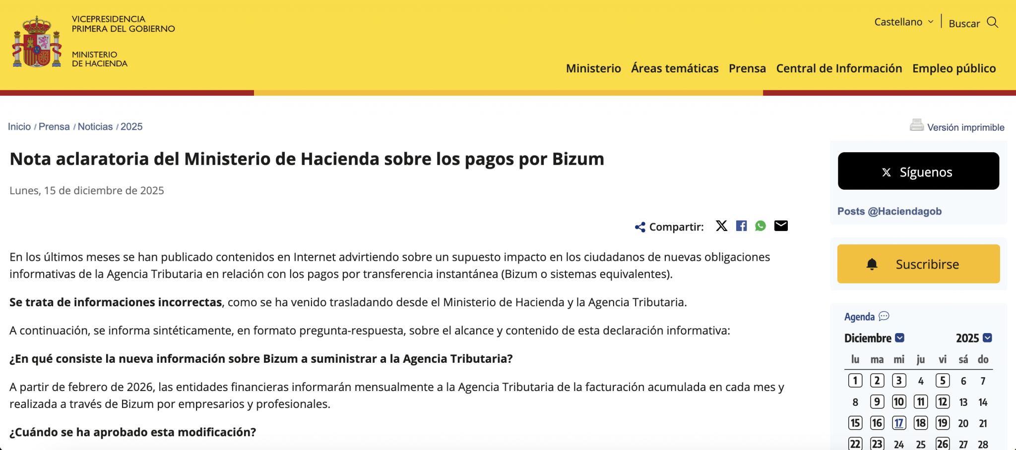 Comunicado urgente de Hacienda por el cambio en Bizum en 2026: "Deben ...