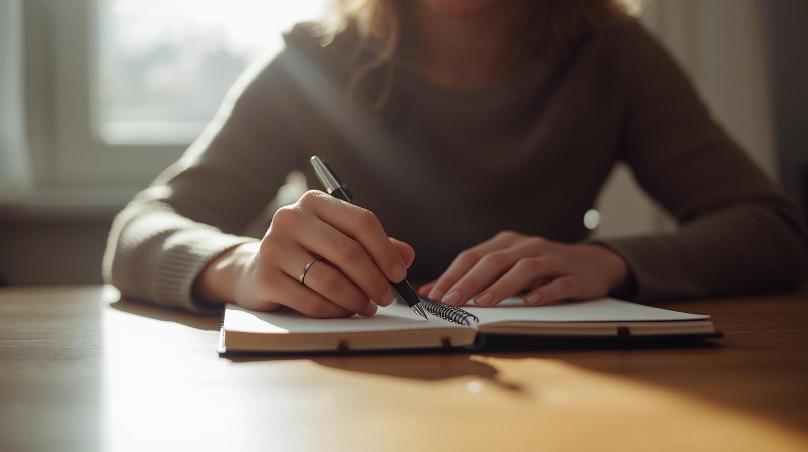 Persona cerrando un cuaderno en un ambiente tranquilo, simbolizando una decisi&oacute;n tomada con calma e informaci&oacute;n.