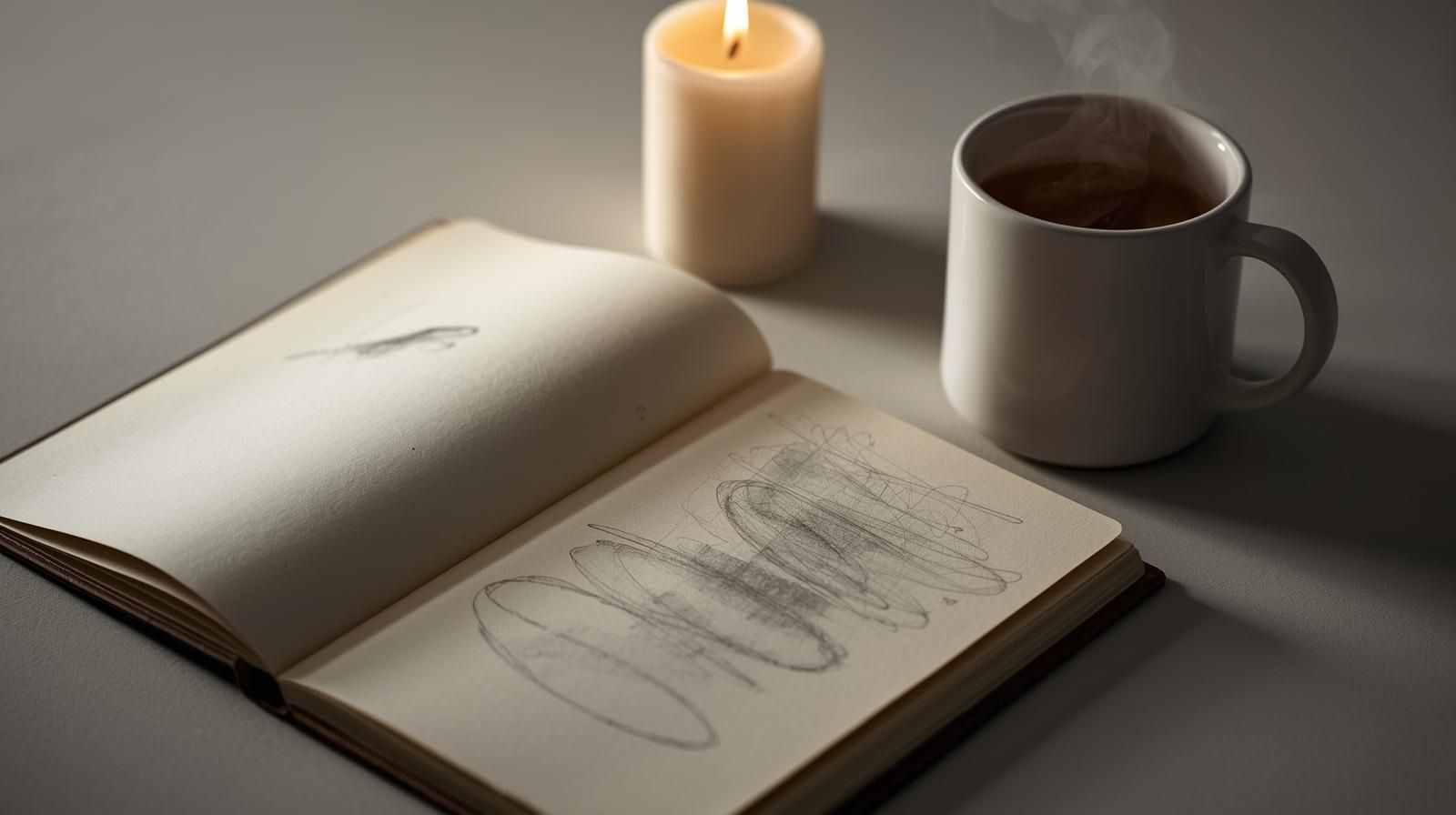 Cuaderno y vela en un entorno sereno, simbolizando reflexi&oacute;n y expectativas antes de un ritual.