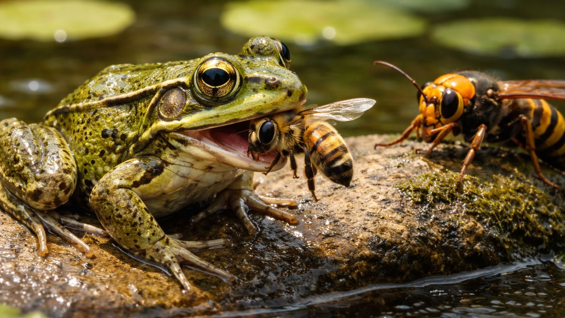 Los zoólogos no dan crédito: las ranas de un estanque comen avispones y resisten sus picaduras como si nada