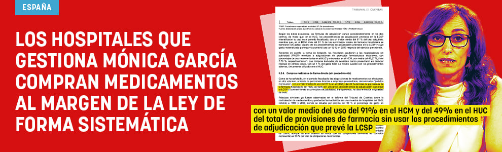 Los hospitales que gestiona Mónica García compran medicamentos al margen de la ley de forma sistemática