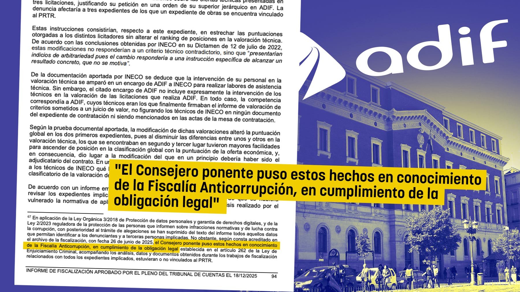 El Tribunal de Cuentas remite a Anticorrupción irregularidades en 6 licitaciones de Adif