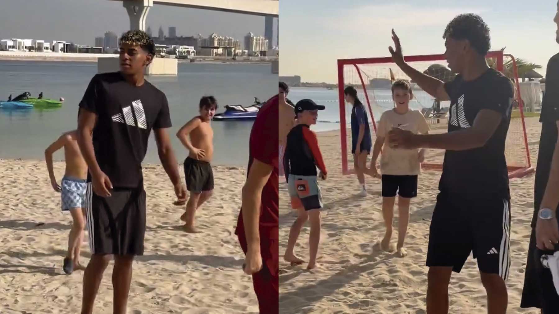 Lamine Yamal no descansa ni en Navidad: se pone a jugar al fútbol con niños en la playa de Dubái