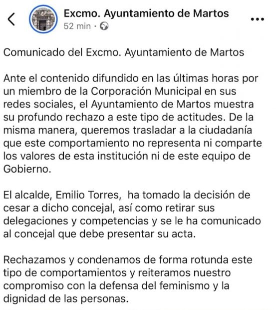 Comunicado del Ayuntamiento de Martos.
