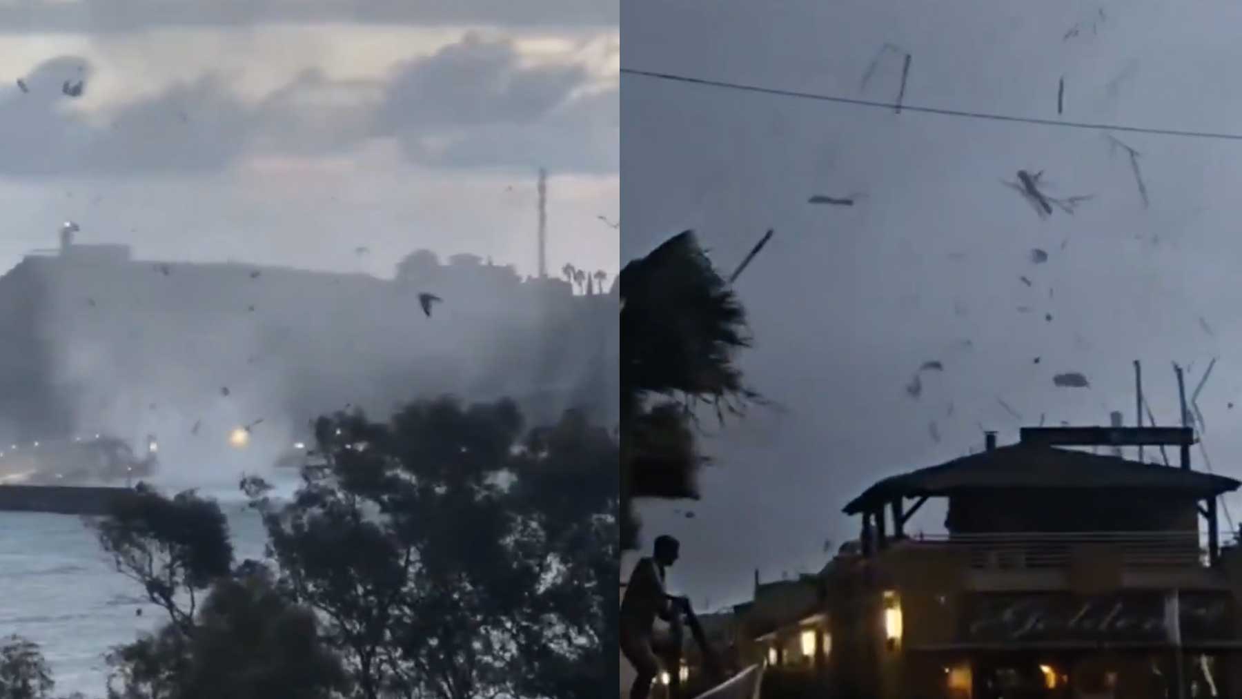 Un tornado destroza terrazas y embarcaciones en medio del temporal en Mazarrón (Murcia)