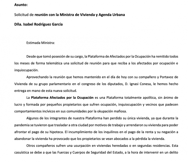 Solicitud de reuni&oacute;n con la Ministra de Vivienda y Agenda Urbana, Isabel Rodr&iacute;guez Garc&iacute;a
