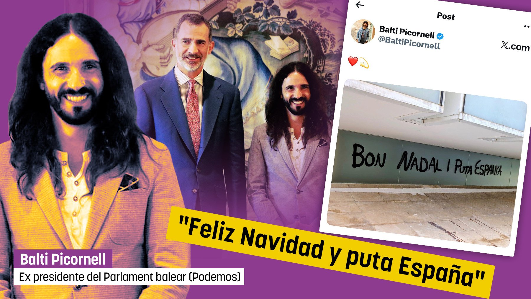 El esperpéntico ex presidente podemita del Parlament balear Balti Picornell: Feliz Navidad y puta España