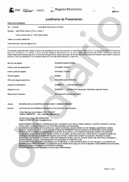 Primera petici&oacute;n de reuni&oacute;n de la Plataforma de Afectados por la Okupaci&oacute;n
