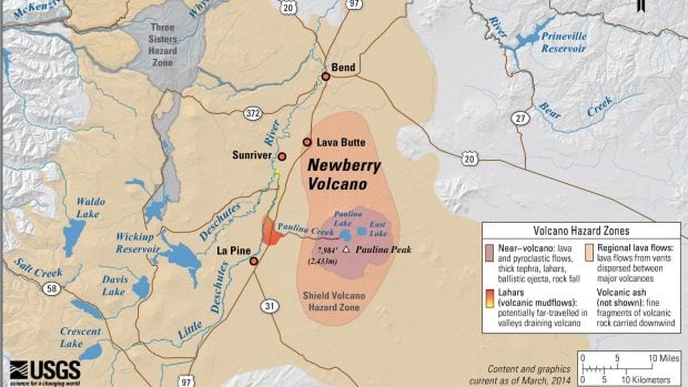 Mapa simplificado de riesgos del volc&aacute;n Newberry, Oreg&oacute;n, que muestra el &aacute;rea de impacto potencial de riesgos terrestres durante un evento volc&aacute;nico. (Imagen: Lisa Faust/USGS).