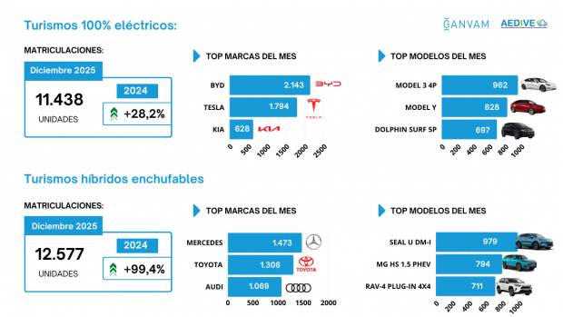 Matriculaciones turismos electrificados diciembre 2025 por marcas y modelos