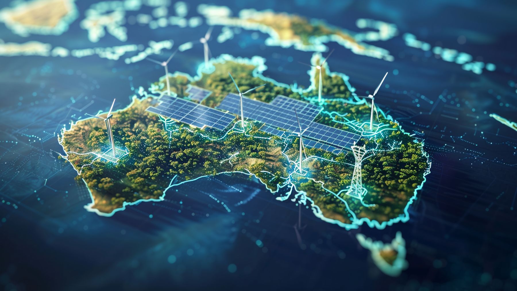 Energías renovables como la solar y la eólica están alcanzando un relevante grado de desarrollo en Australia. Generado por IA.