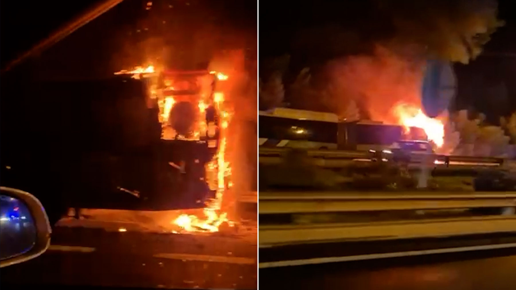 Fuego y humo en la autopista: un autobús de la EMT de Palma se incendia con pasajeros a bordo