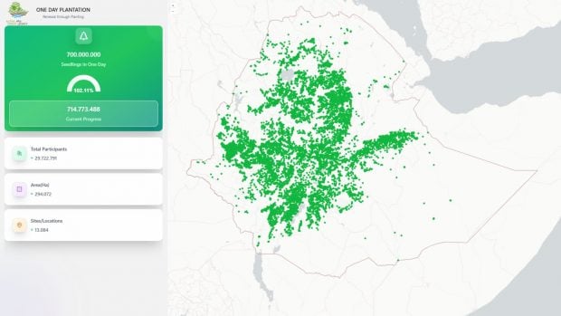Mapa explicativo de la jornada de reforestación del 31 de julio de 2025, cuando se plantaron casi 715 millones de árboles. (Foto: Green Legacy Initiative).