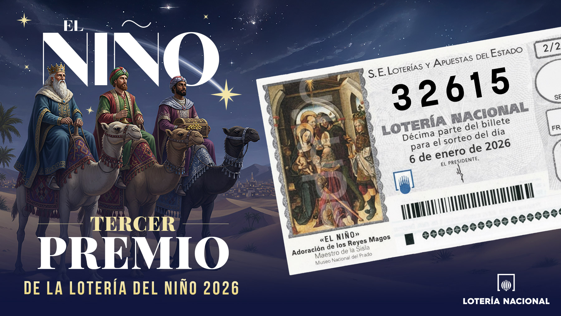 32615, tercer premio de la Lotería del Niño 2026