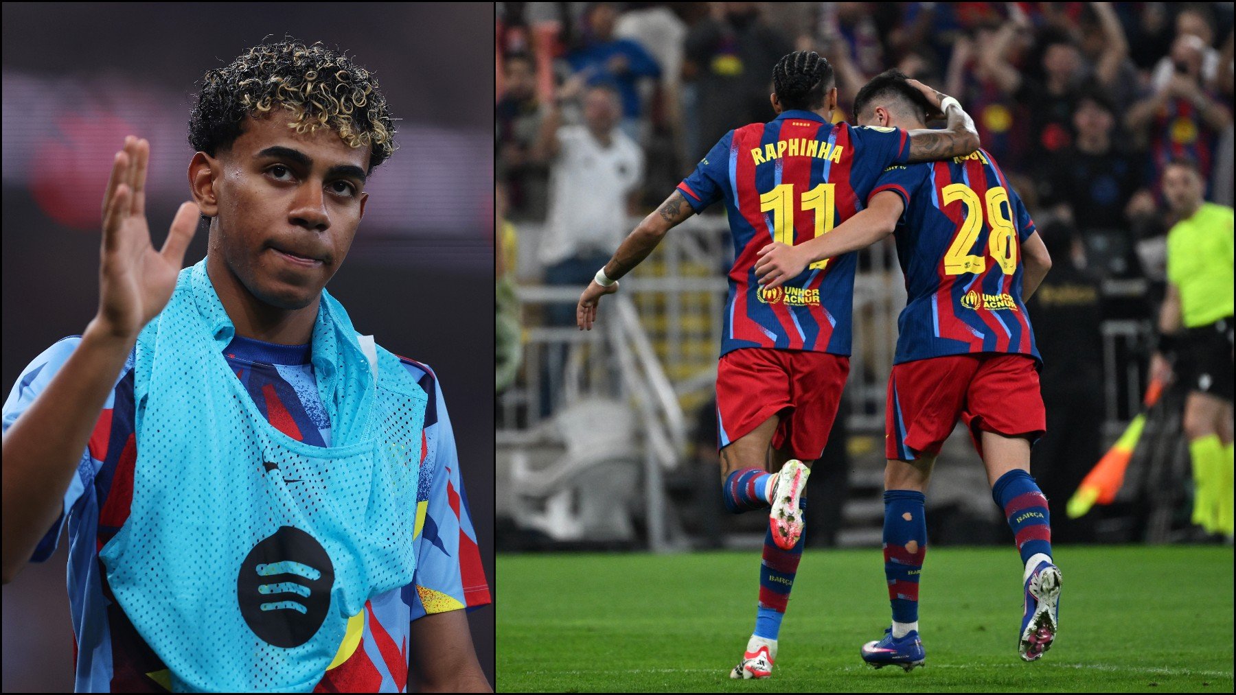 Lamine Yamal a la izquierda y el Barcelona celebrando un gol a la derecha. (Getty)