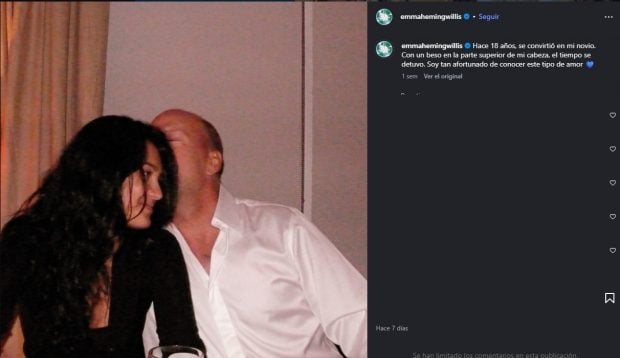 Publicación de Emma Heming Willis recordando el aniversario con Bruce Willis (Instagram).