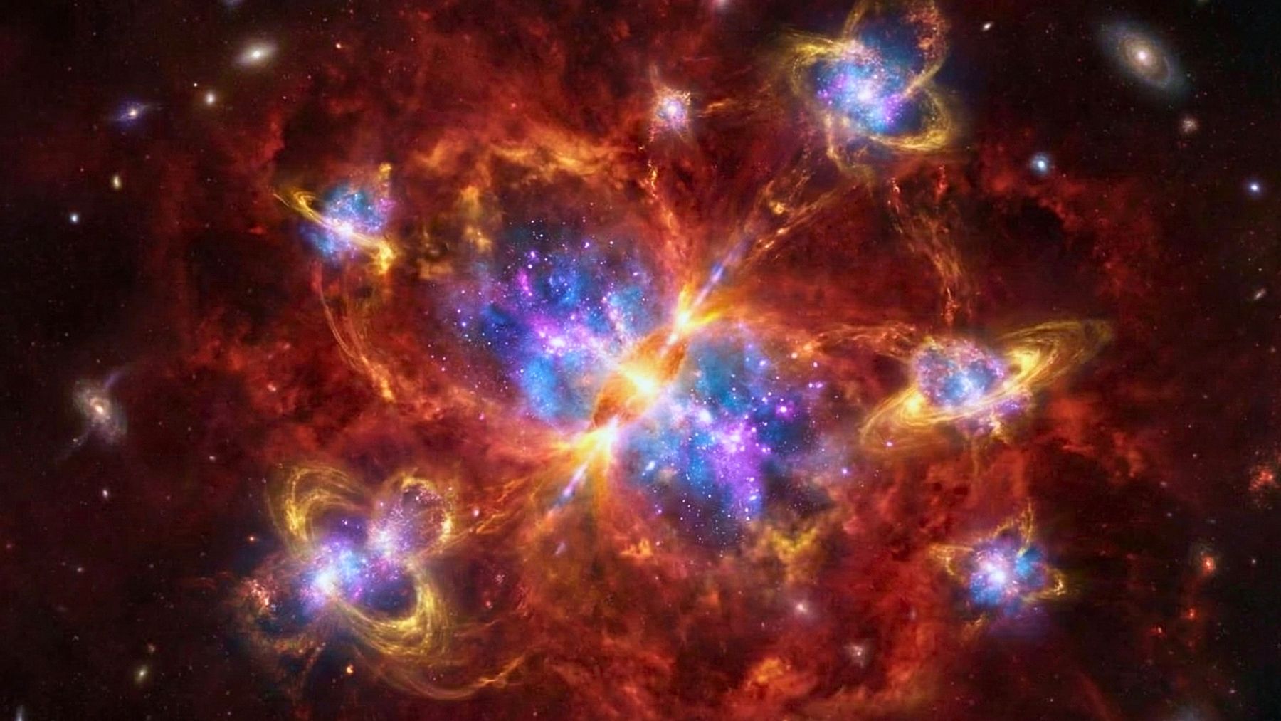 Representación ilustrativa de un cúmulo de galaxias.