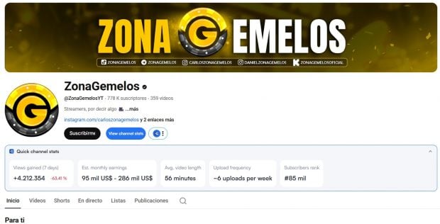 Estad&iacute;sticas del canal de Zona Gemelos (VidIQ).
