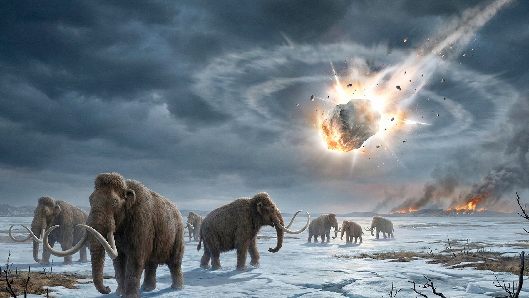 Ilustración ficticia de la extinción de los mamuts. Foto: ilustración propia.