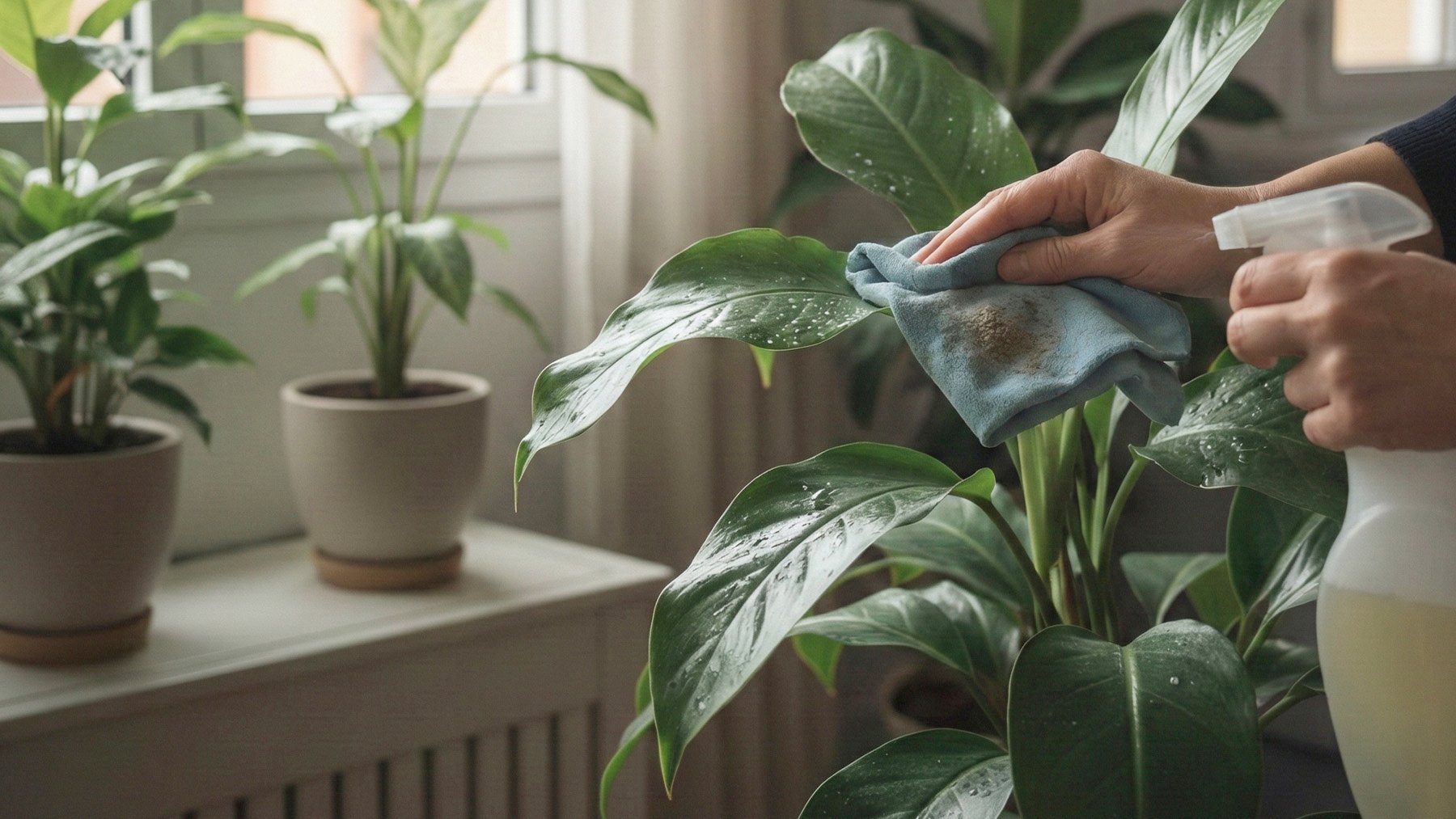 Persona limpiando hojas de sus plantas. Foto: ilustración propia.