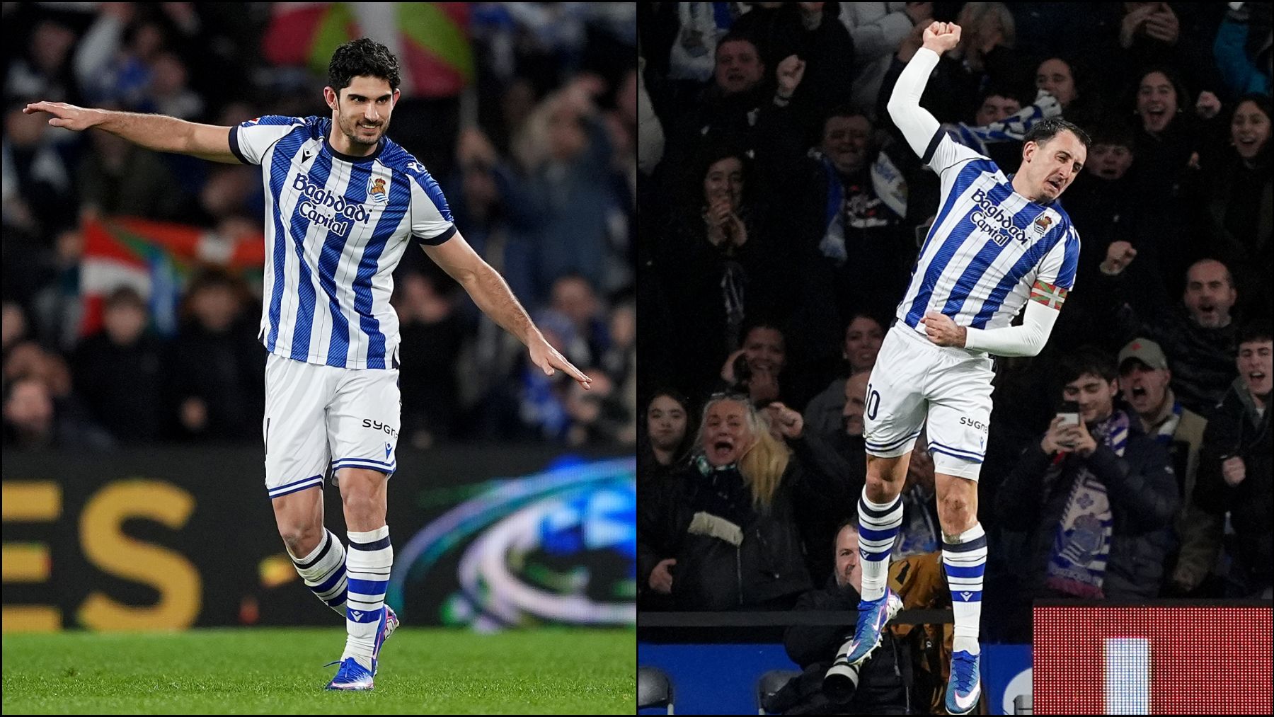 Guedes y Oyarzabal celebran sus goles. (Getty)