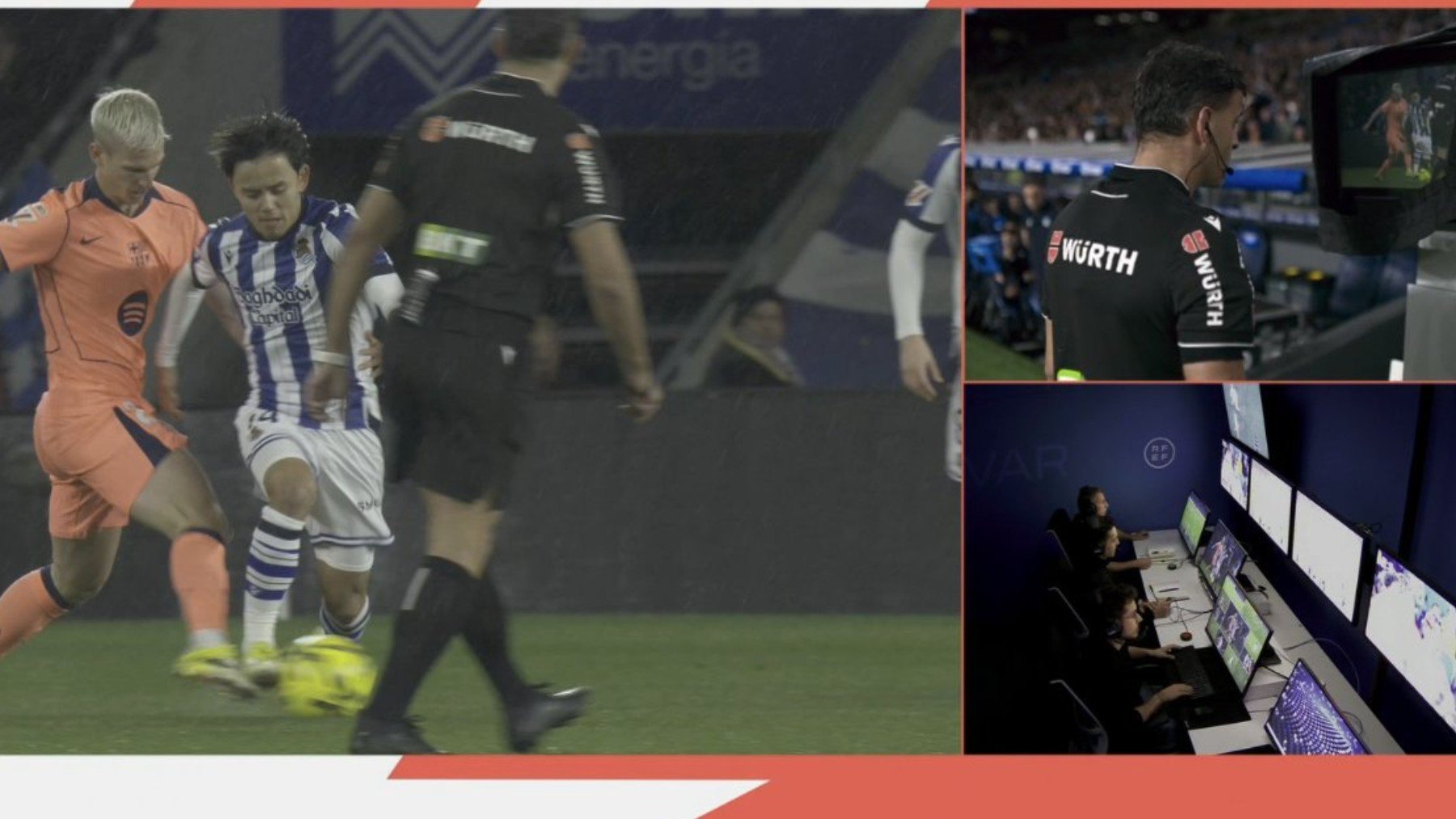 El VAR saca los colores a Gil Manzano por no ver una falta de Dani Olmo a Kubo en el gol del Barcelona