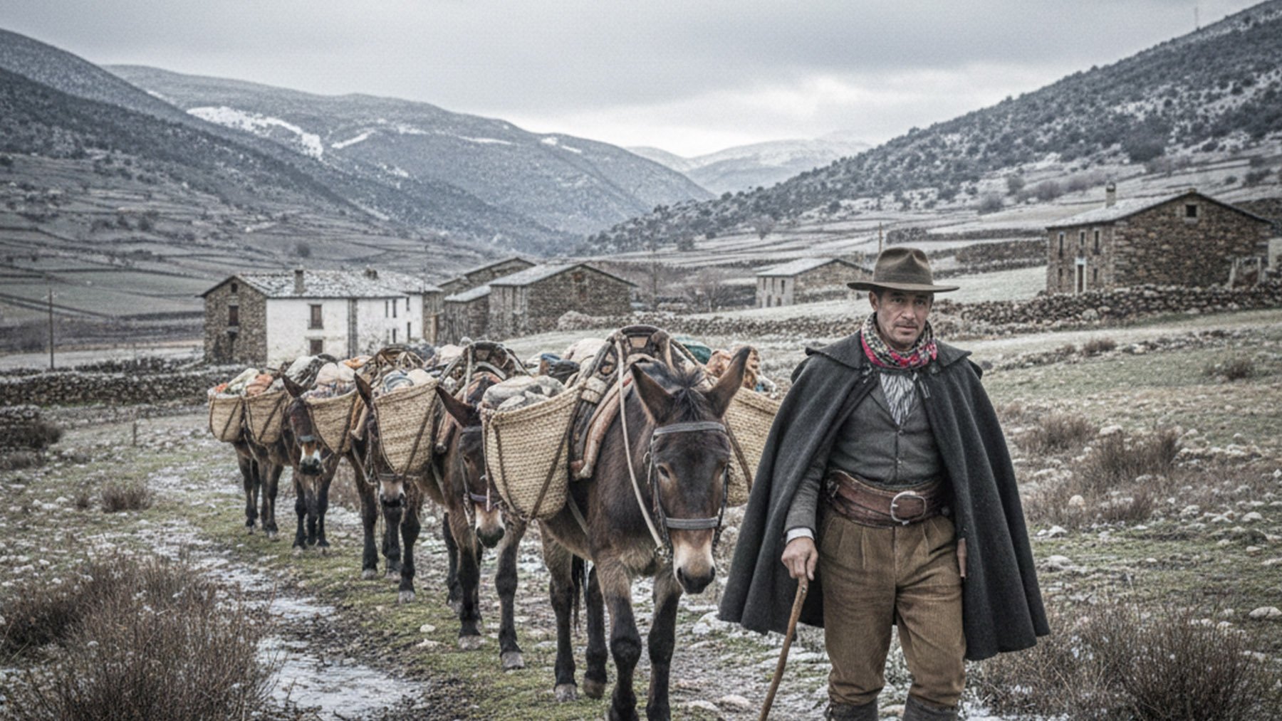 Arriero cruzando un monte. Foto: ilustración propia.