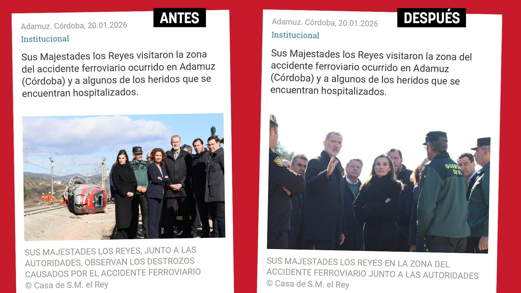 Casa Real esconde la foto de la visita de los Reyes a Adamuz que ha generado polémica en redes sociales