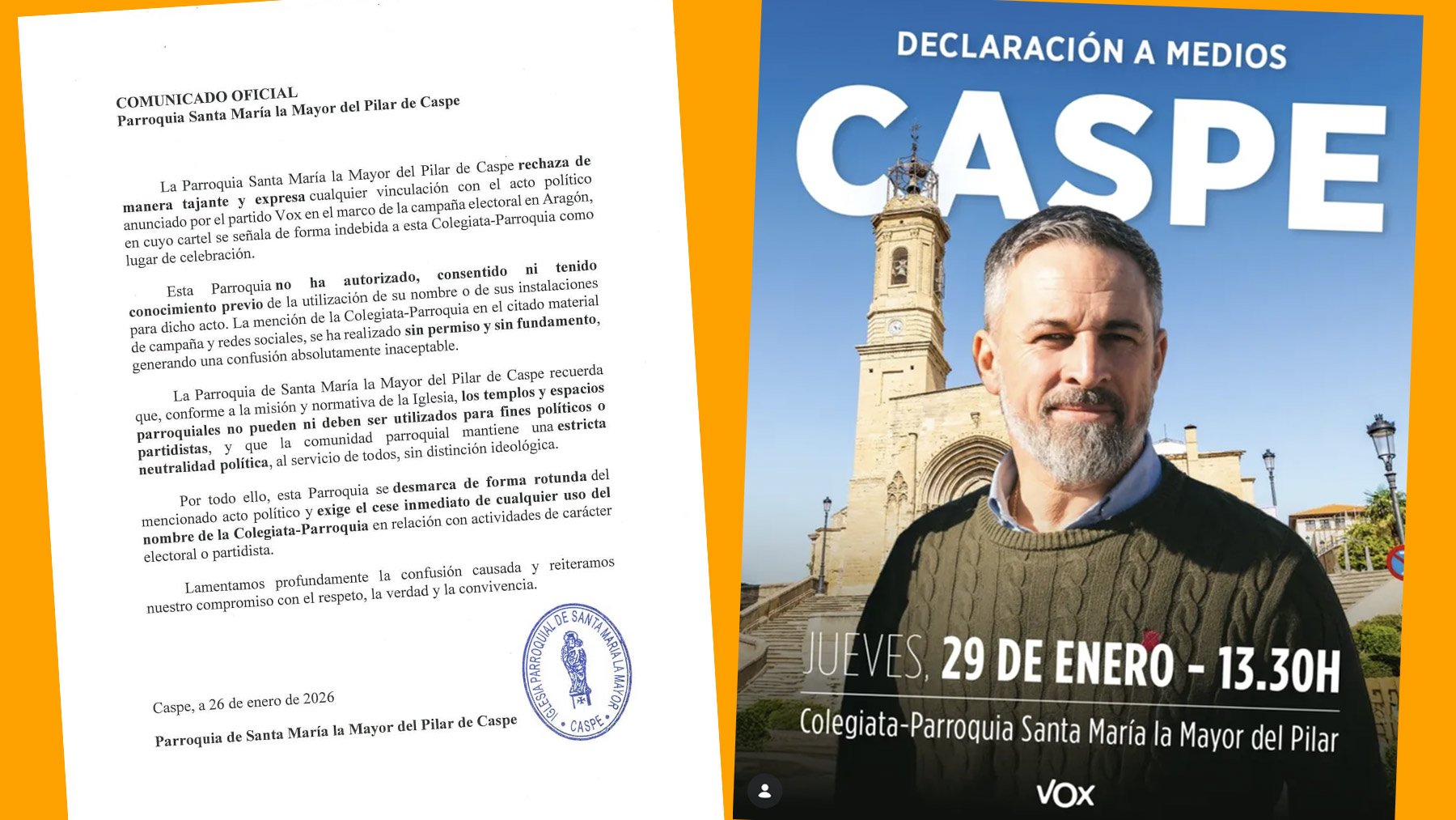 La diócesis de Zaragoza veta a Vox el uso de un cartel de Abascal ante una iglesia con fin electoral