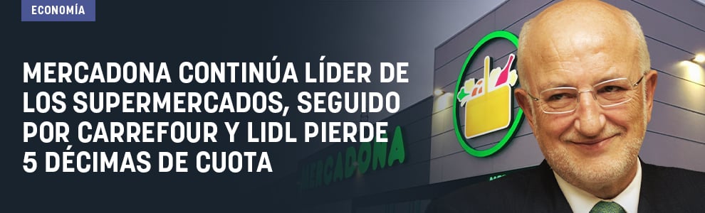 Mercadona continúa líder de los supermercados, seguido por Carrefour y Lidl pierde 5 décimas de cuota