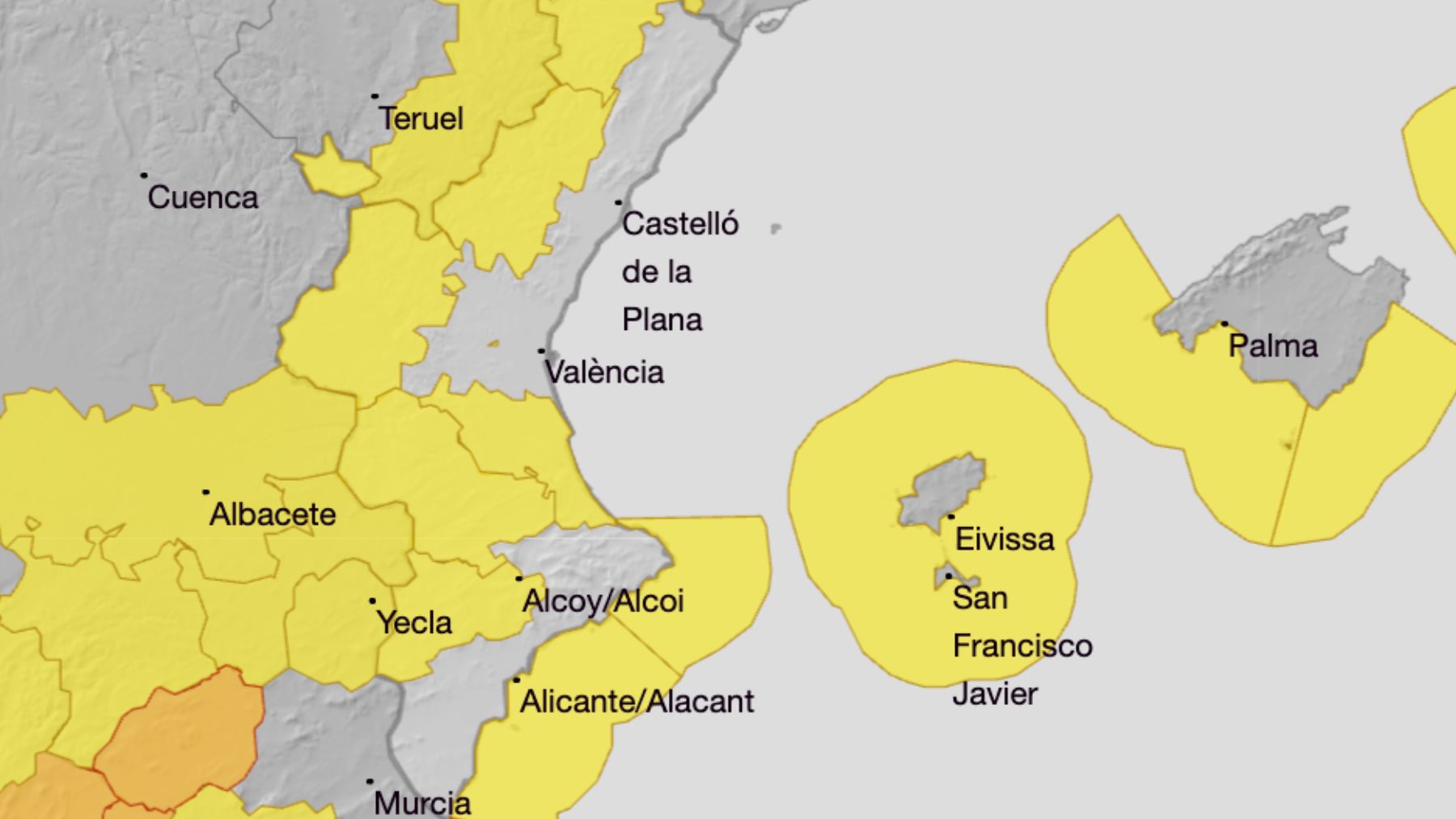 Mapa de alertas en la Comunidad Valenciana. (Foto: AEMET)