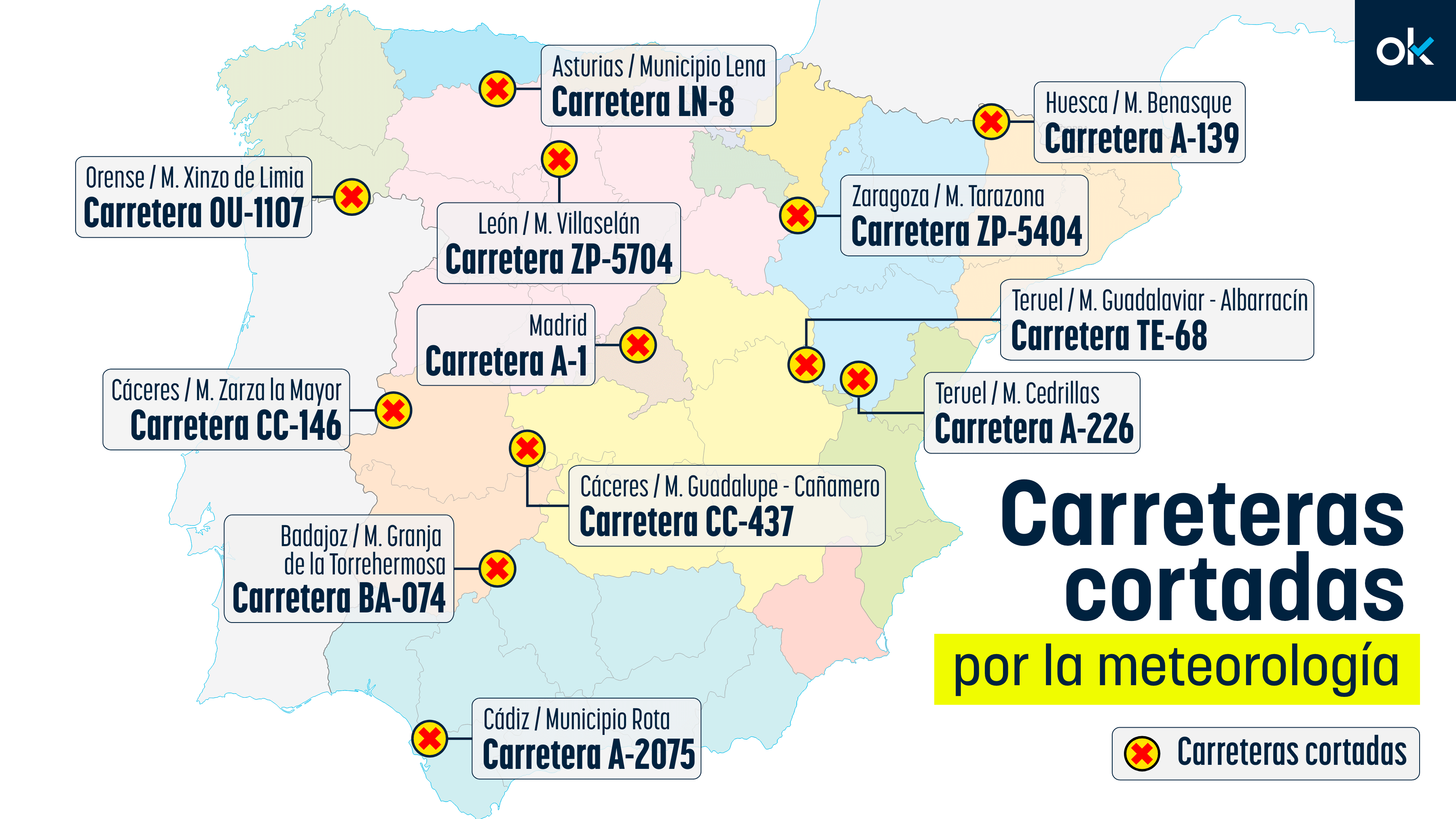 Todas las carreteras cortadas hoy en España por las fuertes nevadas y lluvias