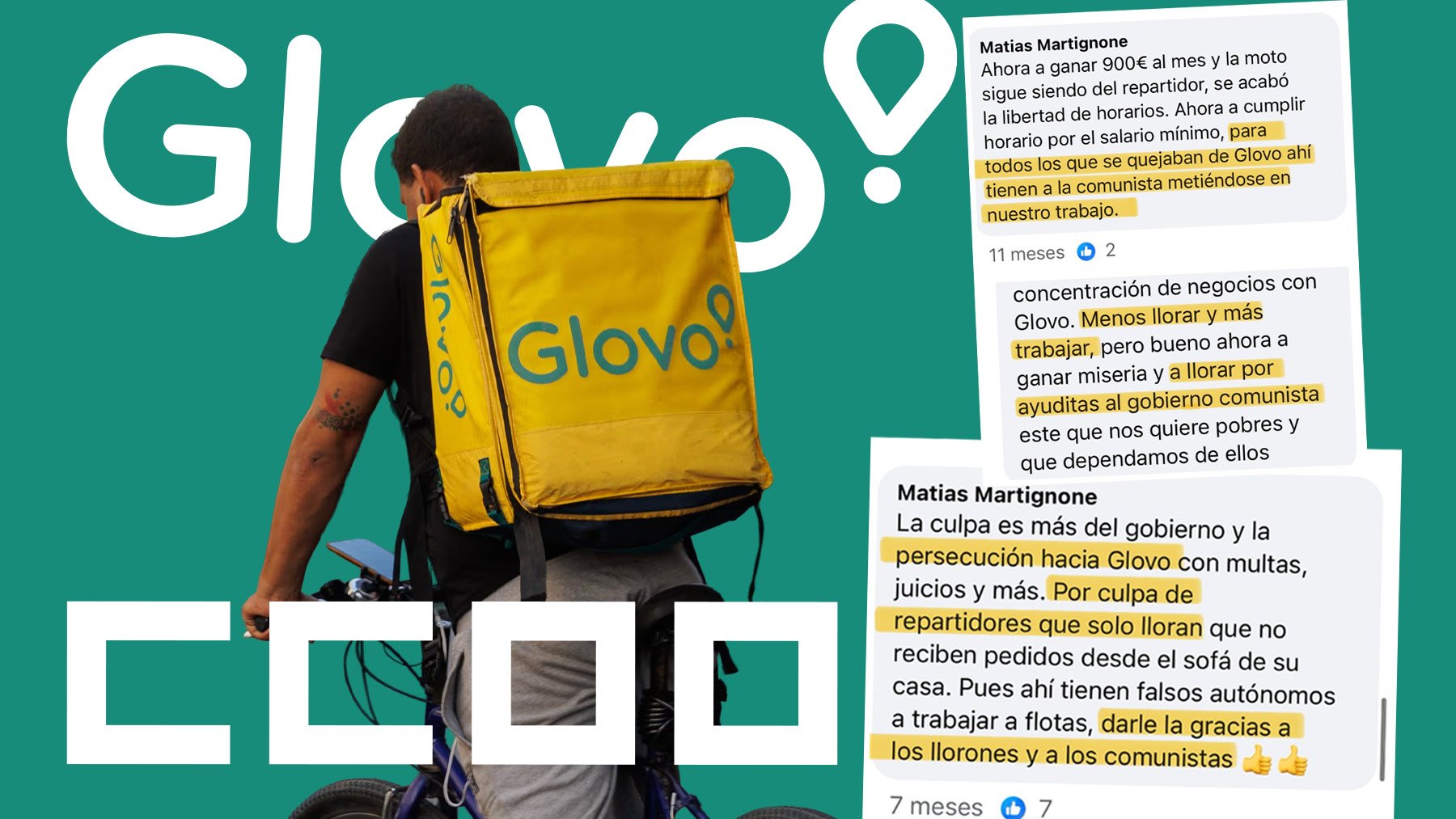 CCOO propone en Glovo Almería a un señalado por explotación laboral que decía que los repartidores sólo lloran
