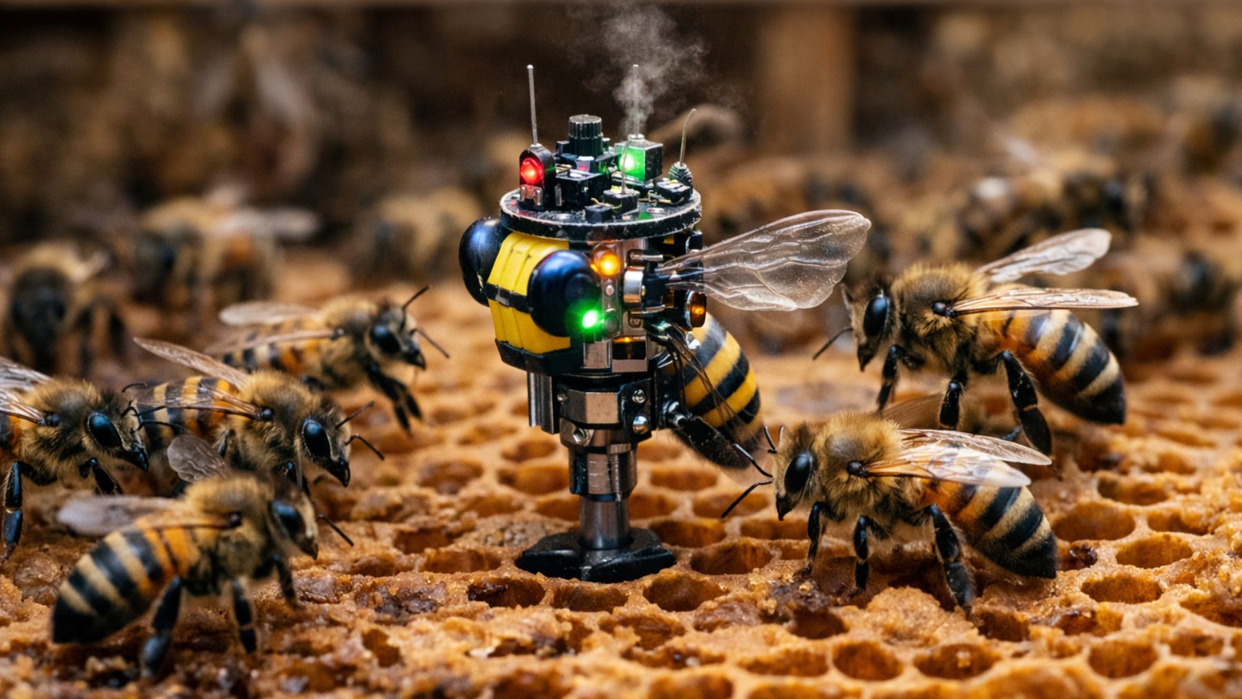 Recreación artística de abejas alrededor de un robot. Foto: elaboración propia