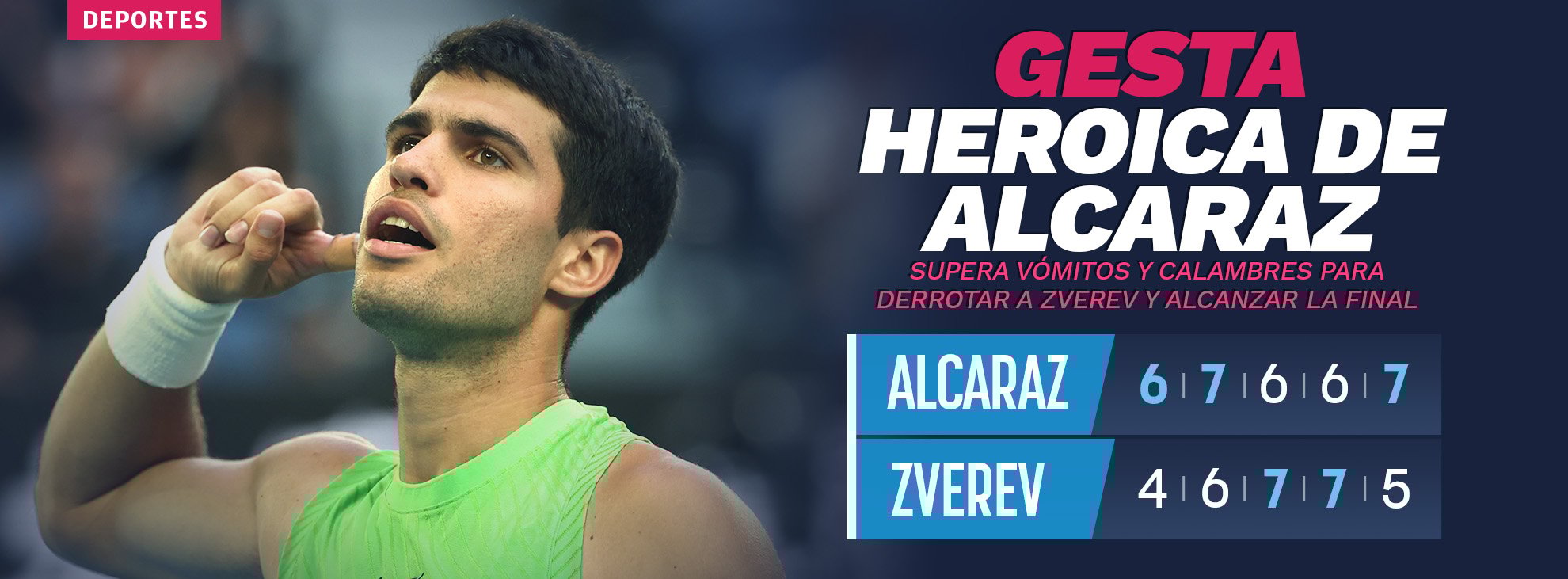 Gesta heroica de Alcaraz: supera vómitos y calambres para derrotar a Zverev y alcanzar la final