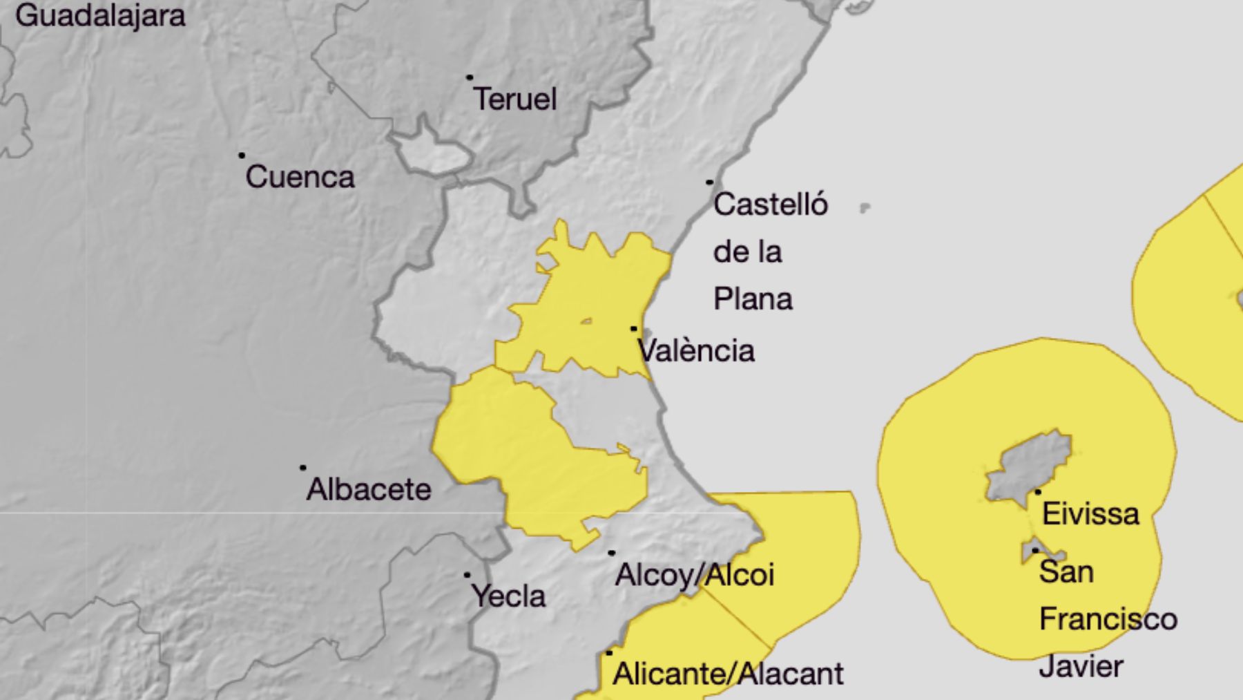 Mapa de alertas en la Comunidad Valenciana. (Foto: AEMET)