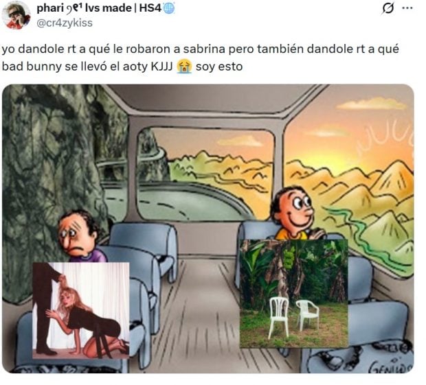 Meme dedicado a Sabrina Carpenter y a Bad Bunny en los Grammy 2026 (X).