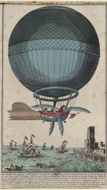 Jeffries y Blanchard llegando a Calais tras atravesar el Canal de La Mancha en Globo.