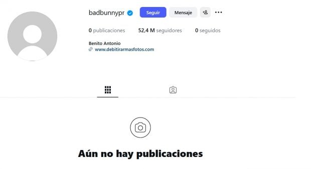 Imagen de la cuenta de Instagram de Bad Bunny tras borrar todo su contenido (Instagram).