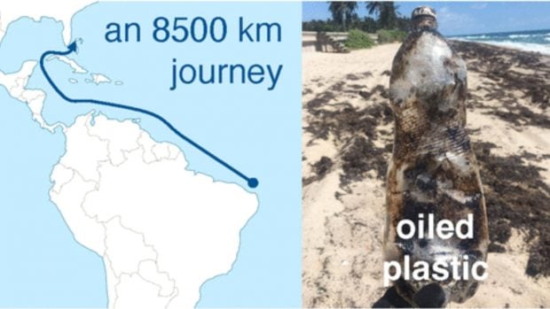 Así fue el viaje de 8.500 kilómetros del petroplástico. (Fuente: Environmental Science & Technology).