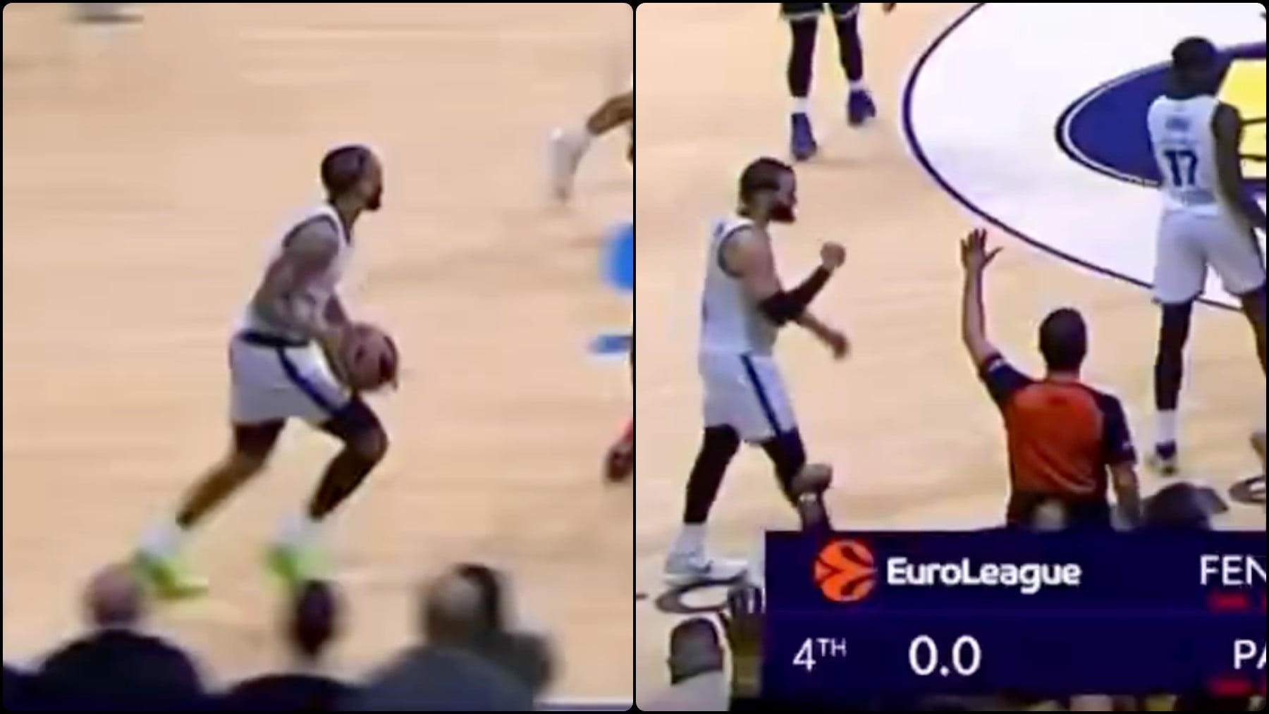 Un jugador celebra que su compañero falle un triple que llevaba a su equipo a la prórroga en la Euroliga